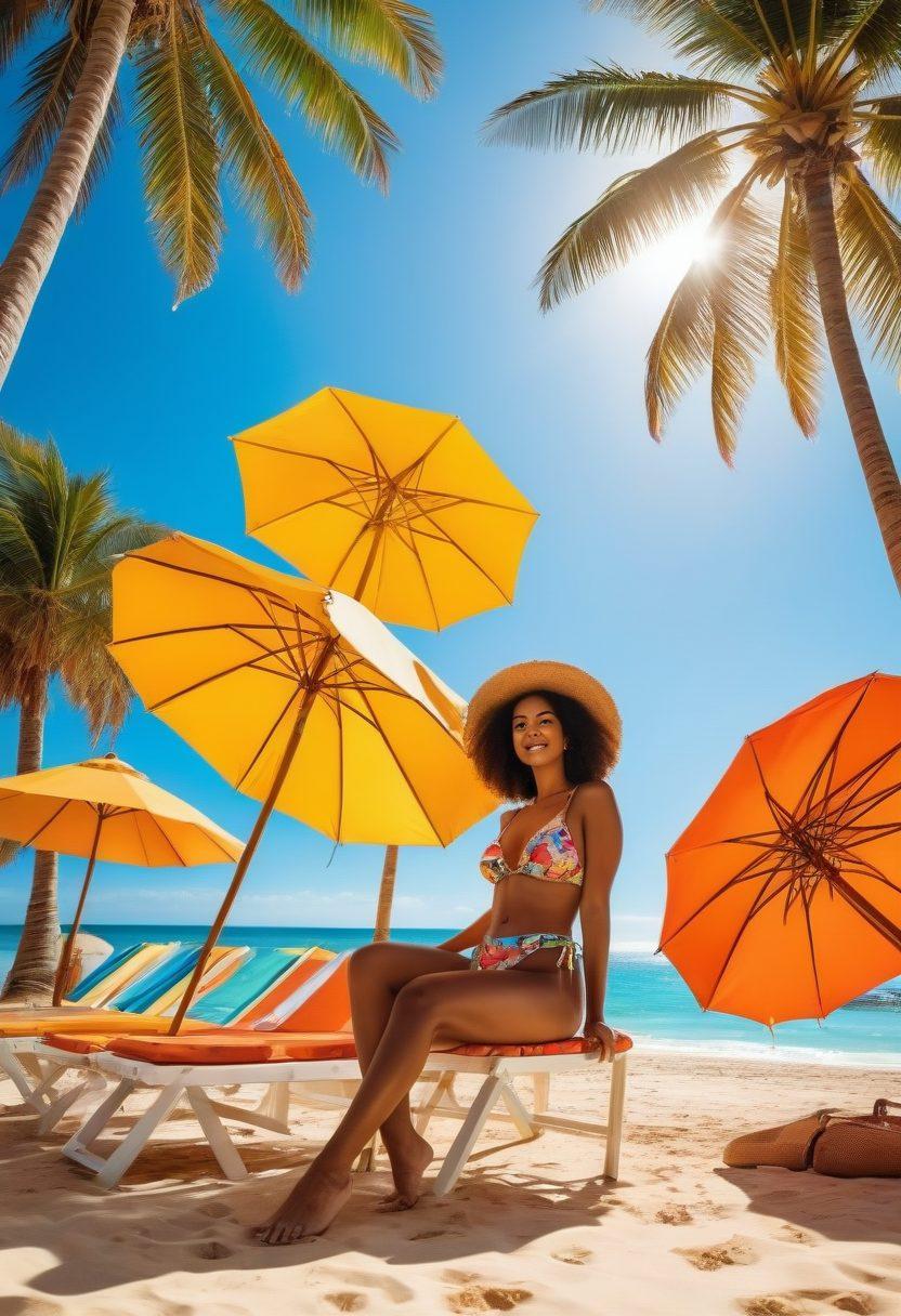 A vibrant beach scene featuring diverse women of different body types flaunting stylish bikinis and trendy beachwear, with palm trees swaying gently in the background. The sun is shining brightly, casting warm golden hues on the sandy beach, while colorful beach umbrellas and sun loungers are scattered around. The atmosphere is fun and lively, evoking a sense of summer adventure. super-realistic. bright colors. 3D.
