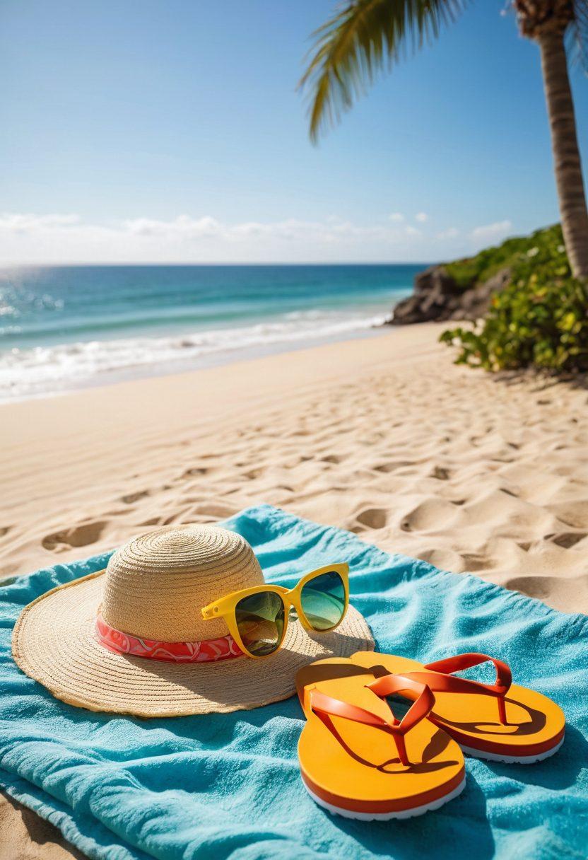 A sun-kissed beach scene featuring a stylish beach setup with vibrant beachwear laid out on a soft towel, colorful flip-flops, a fashionable sun hat, sunglasses, and a refreshing beverage. In the background, gentle ocean waves and a bright blue sky enhance the summer vibe, with inviting beach umbrellas offering shade. The atmosphere is lively and welcoming for a chic getaway. super-realistic. vibrant colors. bright background.