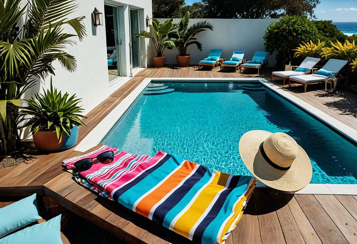 A chic poolside scene showcasing a stylish summer wardrobe, featuring trendy swimwear designs hanging on a sunlit clothesline, surrounded by potted tropical plants and a sparkling blue pool in the background. Include a sunhat, sunglasses, and beach towels to evoke a relaxing resort atmosphere. Bright, cheerful colors with a summery vibe. super-realistic. vibrant colors. 3D.